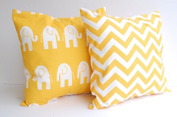Yellow pillow covers set of two 18" x 18" decorative throw pillow covers yellow chevron zig zag and yellow elephants