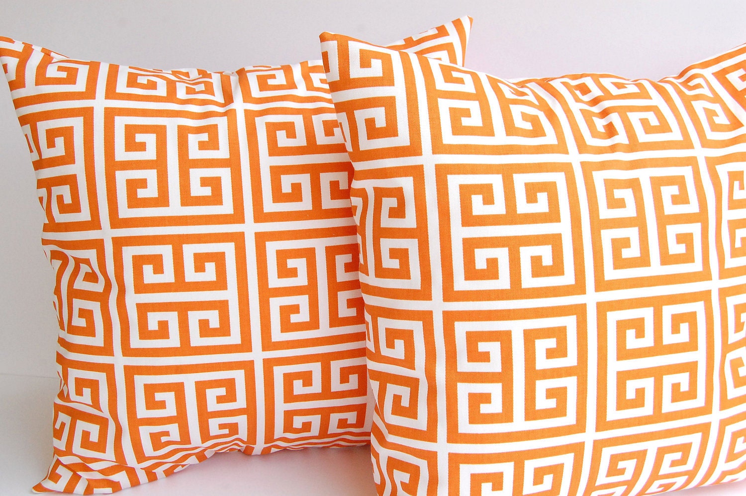Orange throw pillow covers set of two 18 x 18 Greek Key pattern