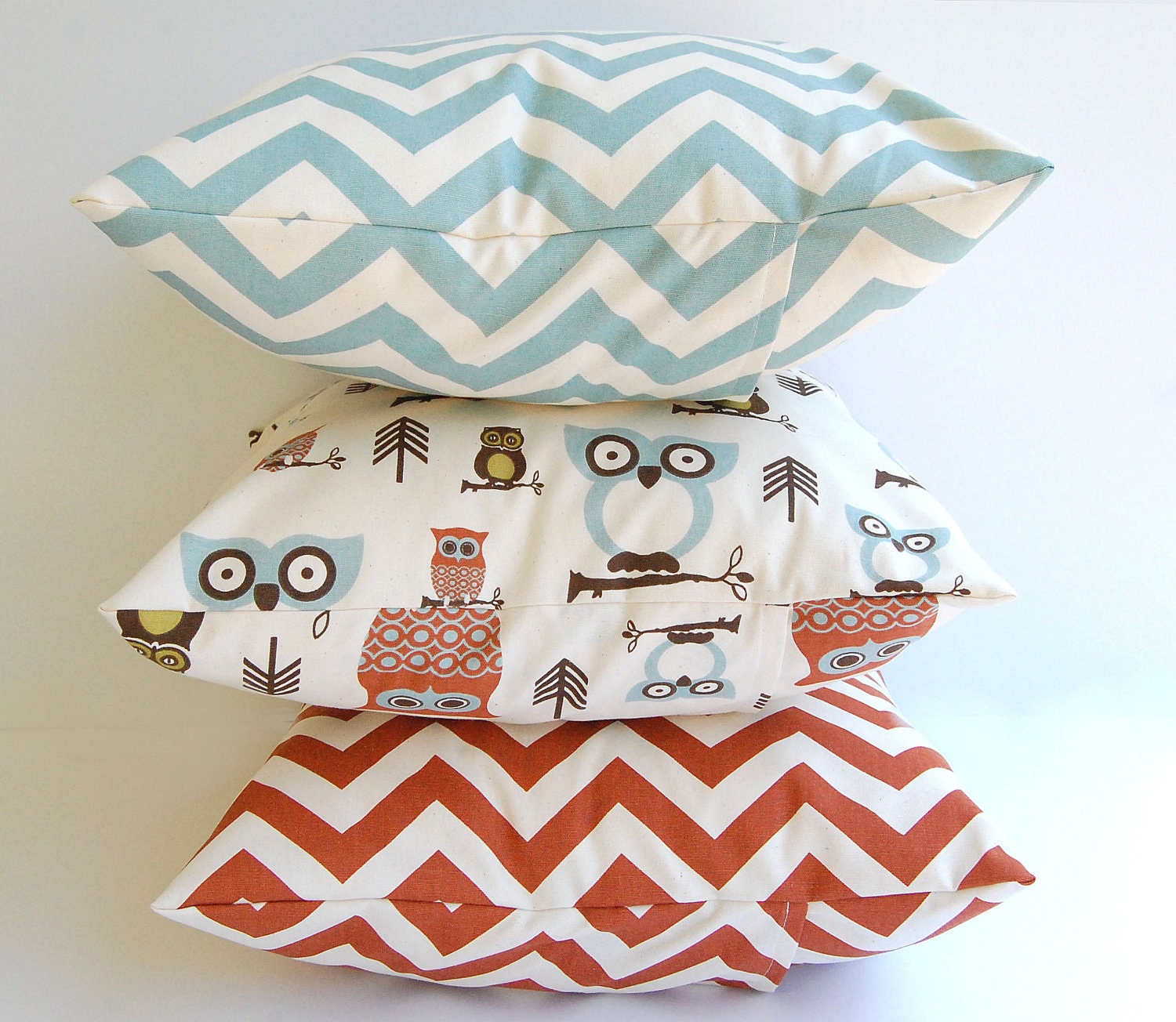 Throw pillows set of three 20" x 20" decorative pillow covers in natural, rust and light smokey blue with Owls