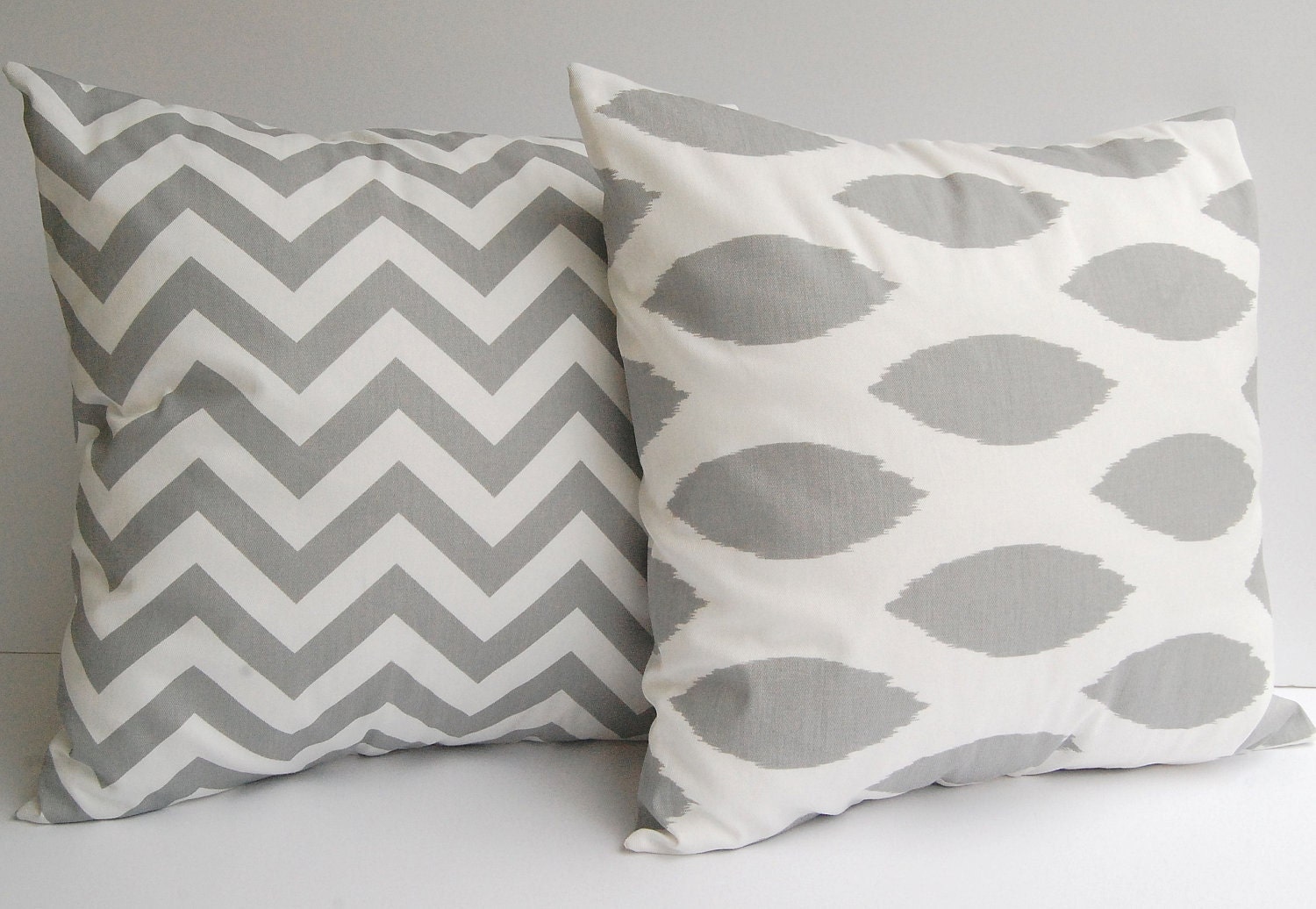 Throw pillow covers set of two 20" x 20" Storm Gray Chevron zig zag and Chipper Ikat