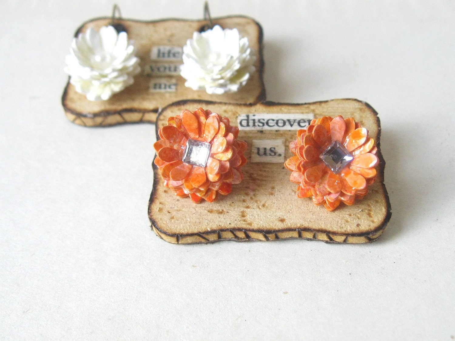 Mini Post Earrings - Paper Jewelry Earrings - Orange and Yellow Flowers