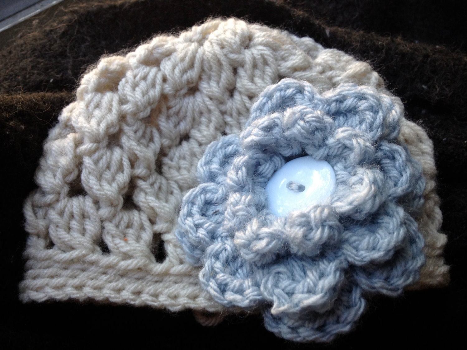 Shell Stitch Crochet Hat with Light Blue Flower - Infant Toddler Child sizes