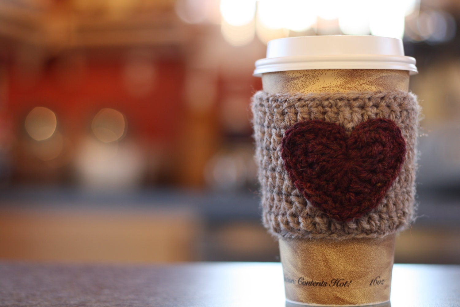 Crochet Coffee Cozy Heart Sleeve Reusable - honeysucklewild