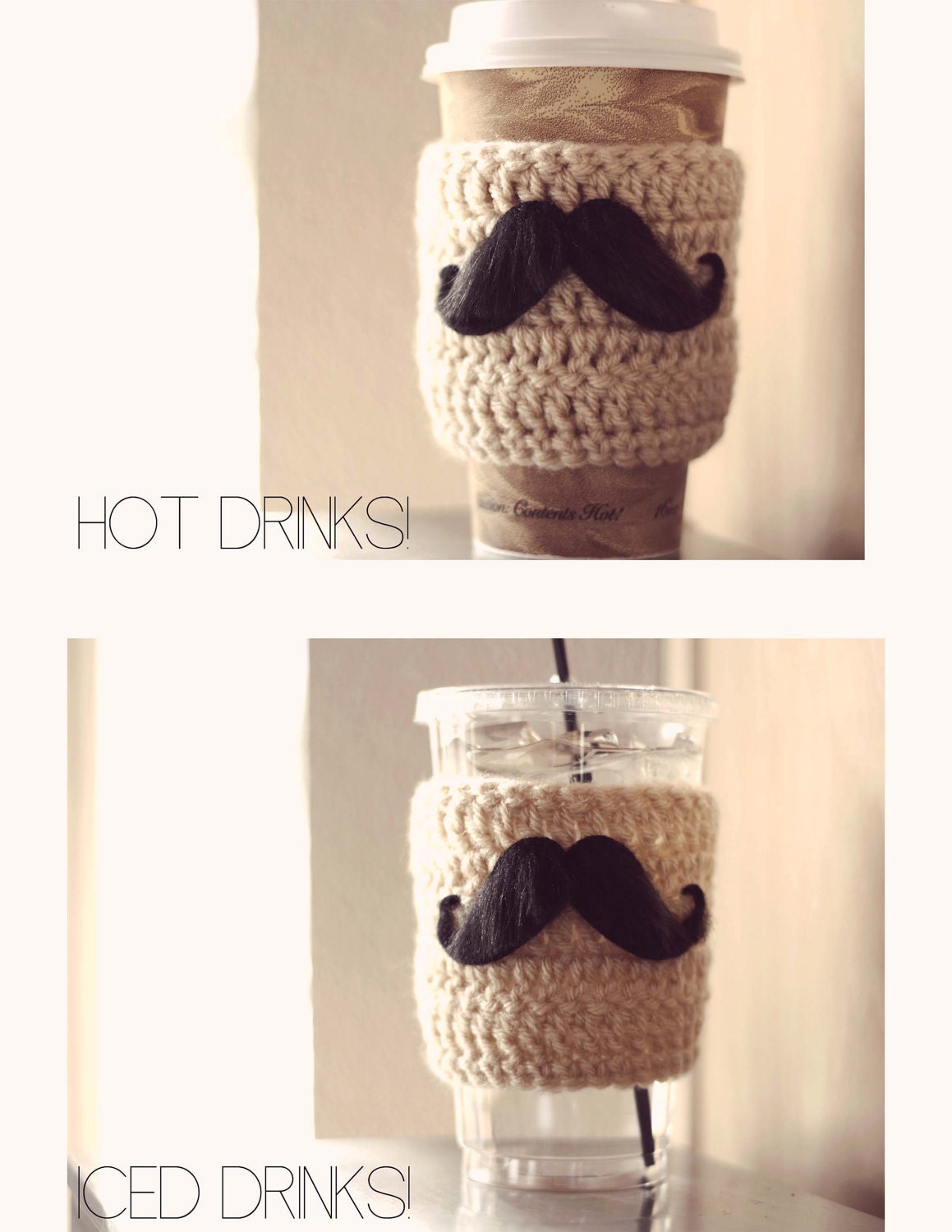 Crochet Coffee Cozy Silly Stache Sleeve Reusable in Buttercream