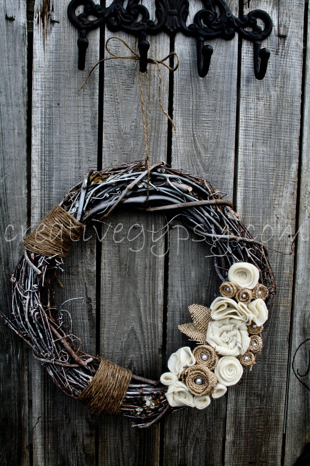 Rustic Ivory Flowers and Brown Burlap Wreath shabby LOVE