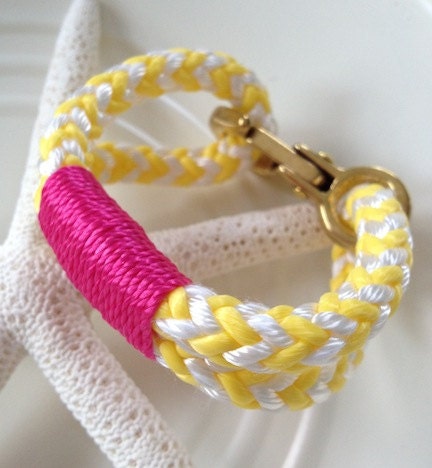 Yellow & White Nautical Rope Bracelet with Pink Wrap and a Bronze Clasp