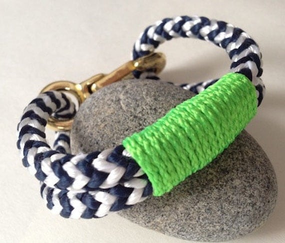 Navy & White Nautical Rope Bracelet with Lime Green Wrap and a Bronze Clasp