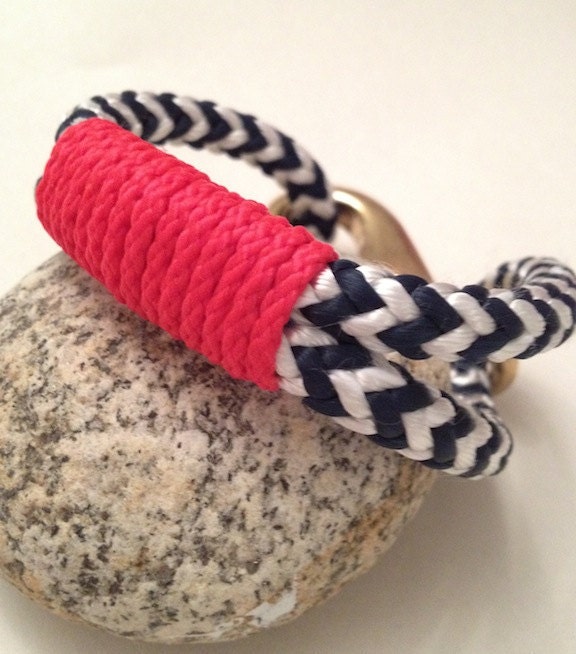 Navy & White Nautical Rope Bracelet with Red Wrap and a Bronze Clasp