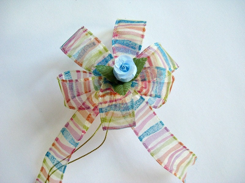 Small blue rose bud with multicolored stripe ribbon (SB3)