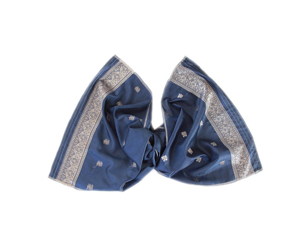 Vintage Indian Hand Woven Pure Silk Pashmina Scarf Shawl, Indigo