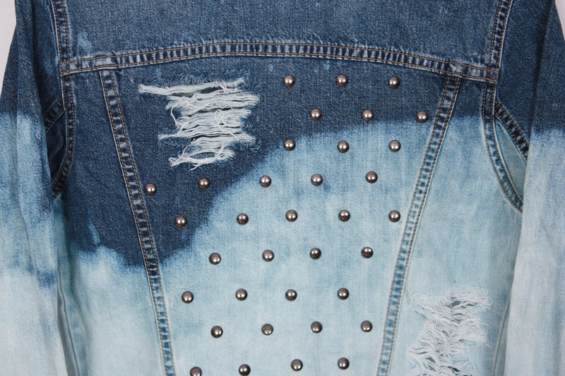 OMBRE Acid Wash JACKET Jeans Vintage DIY Denim Blue White Studded 90s