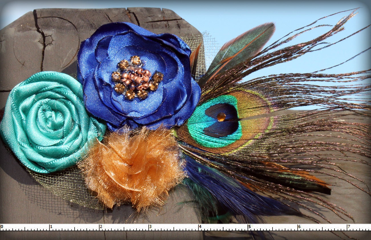 Peacock Feather Headband, Blue, Turquoise, Rust, Hair Bow, Hair Accessories, Fabric Flower Brooch, Hair Flowers, Peacock Hair Clip