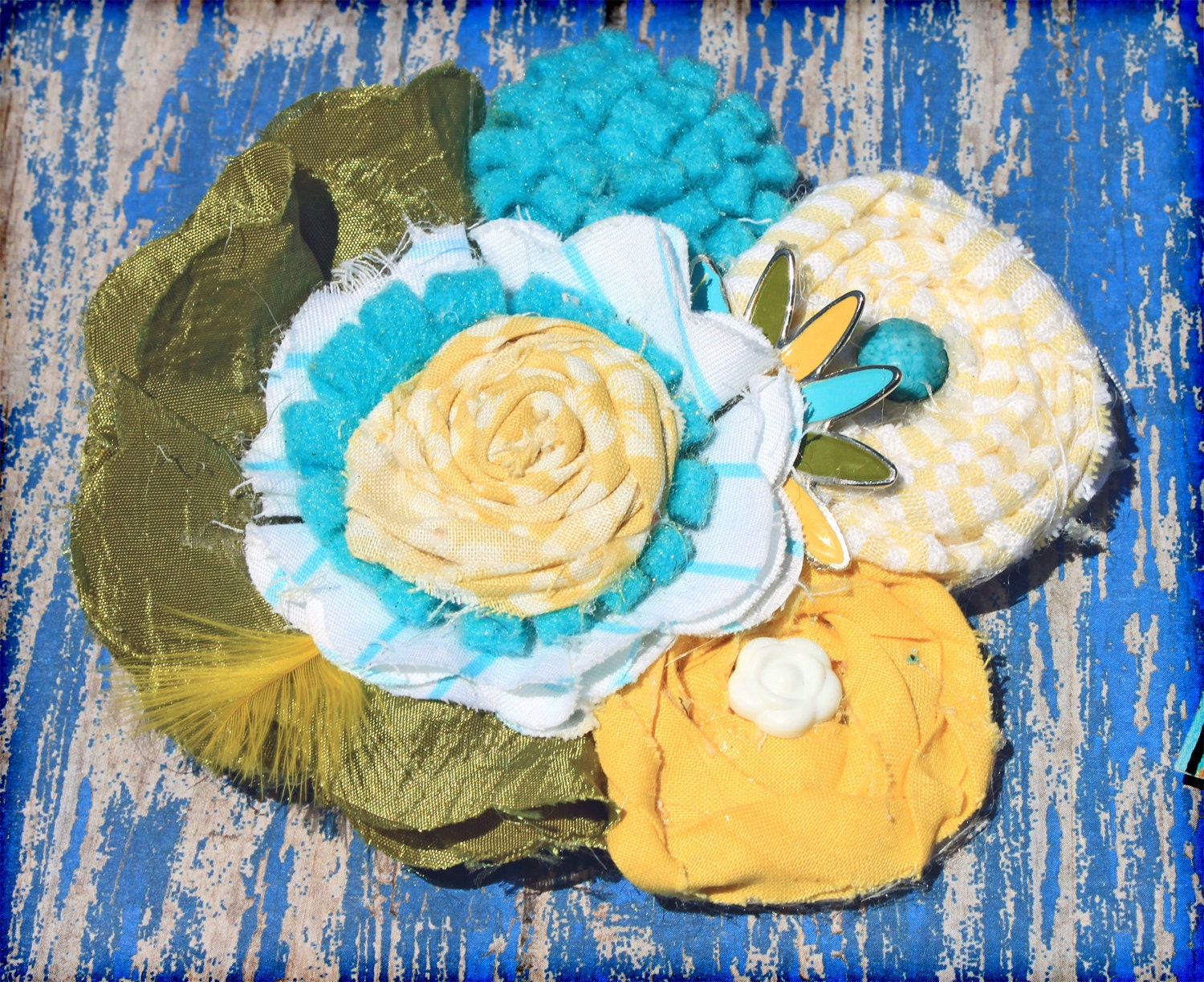 Flower Hair Bow, Hair Accessories, Yellow, Turquoise, Green Hair Accessory, Baby Girl Headband, Fabric Flower Brooch, Flower Hair Piece