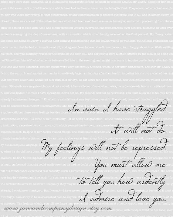 Jane Austen Typography Print: In Vain,  Featured in Gray and Black, Love Quote, Steampunk Decor, Dorm Room Decor, 8x10 typographic