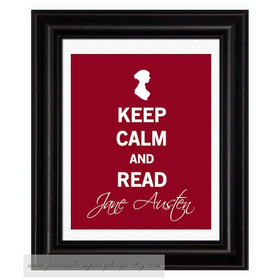 Keep Calm and Read Jane Austen Print, Vintage Inspired Typography Wall Art,  Literature Poster, Steampunk, Typographic Print, 8x10