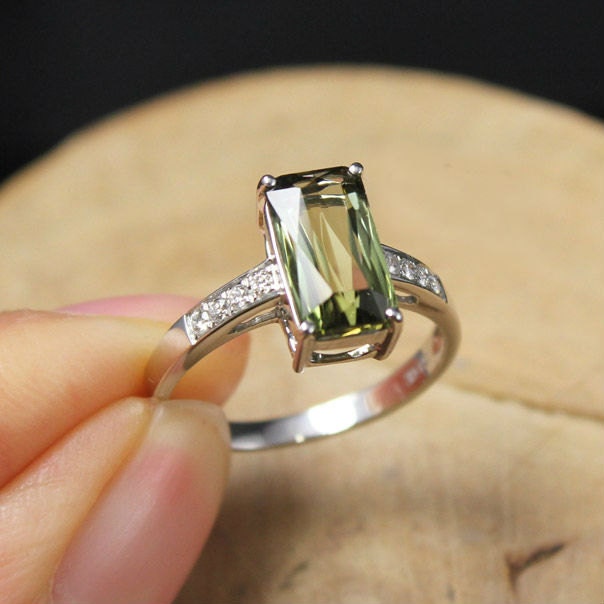 1.7 Carat Green Tourmaline Engagement Ring, Diamonds, 14K White Gold