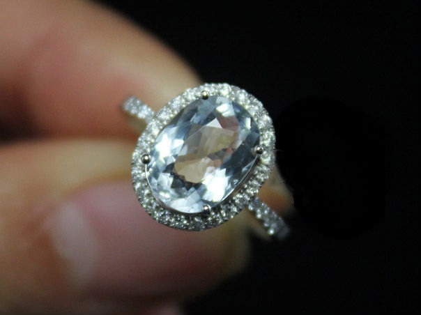3 Carat Aquamarine Engagement Ring, Diamonds, 14K White Gold