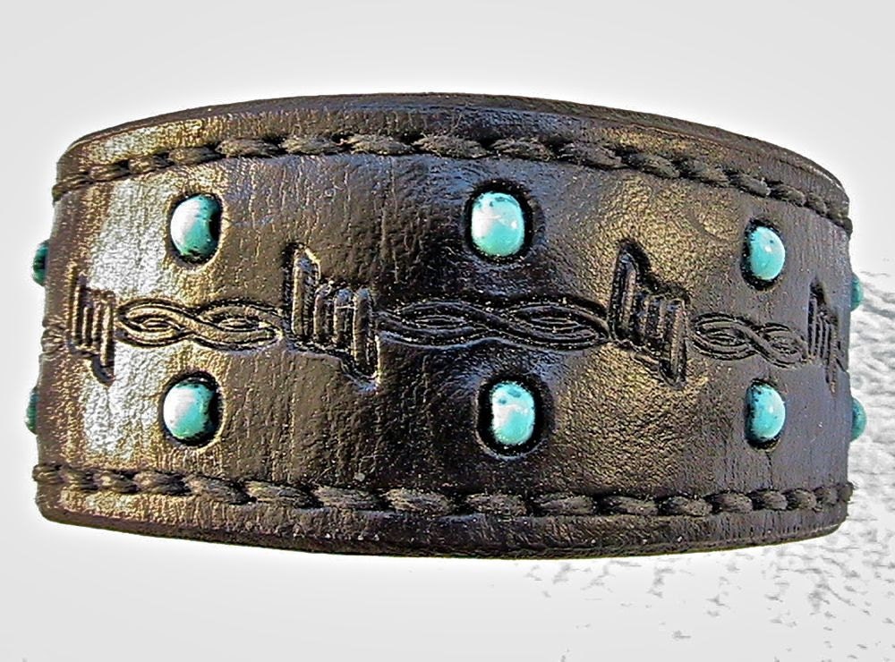 Black leather wristband /  cuff / bracelet with turquoise glass bead inlay.