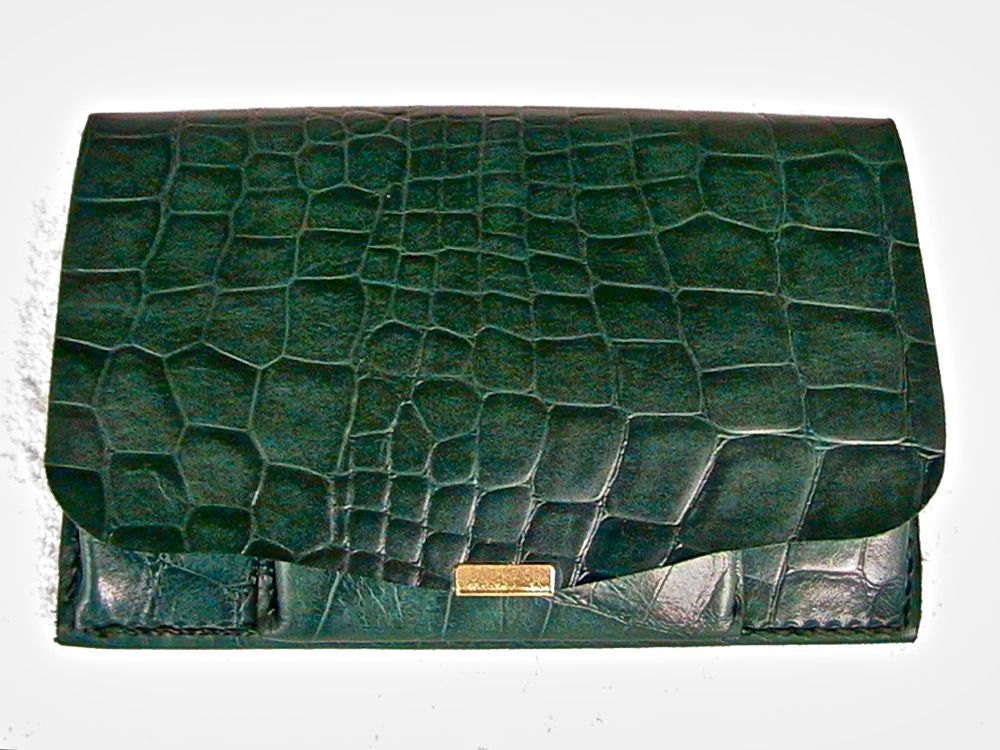 Jade green croc embossed leather clutch purse. - WoodBoneAndStone