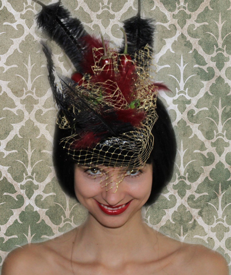 Red and Black Feathered Headpiece with Gold Veil - 'Grasshopper in my Chilli'