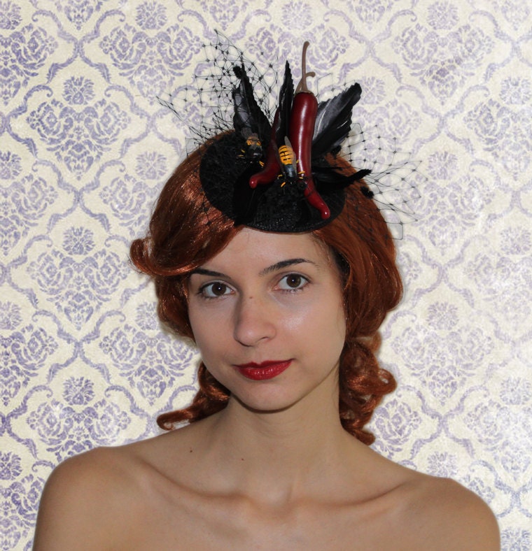 Red and Black Feathered Fascinator - 'Chilli con Hornet'