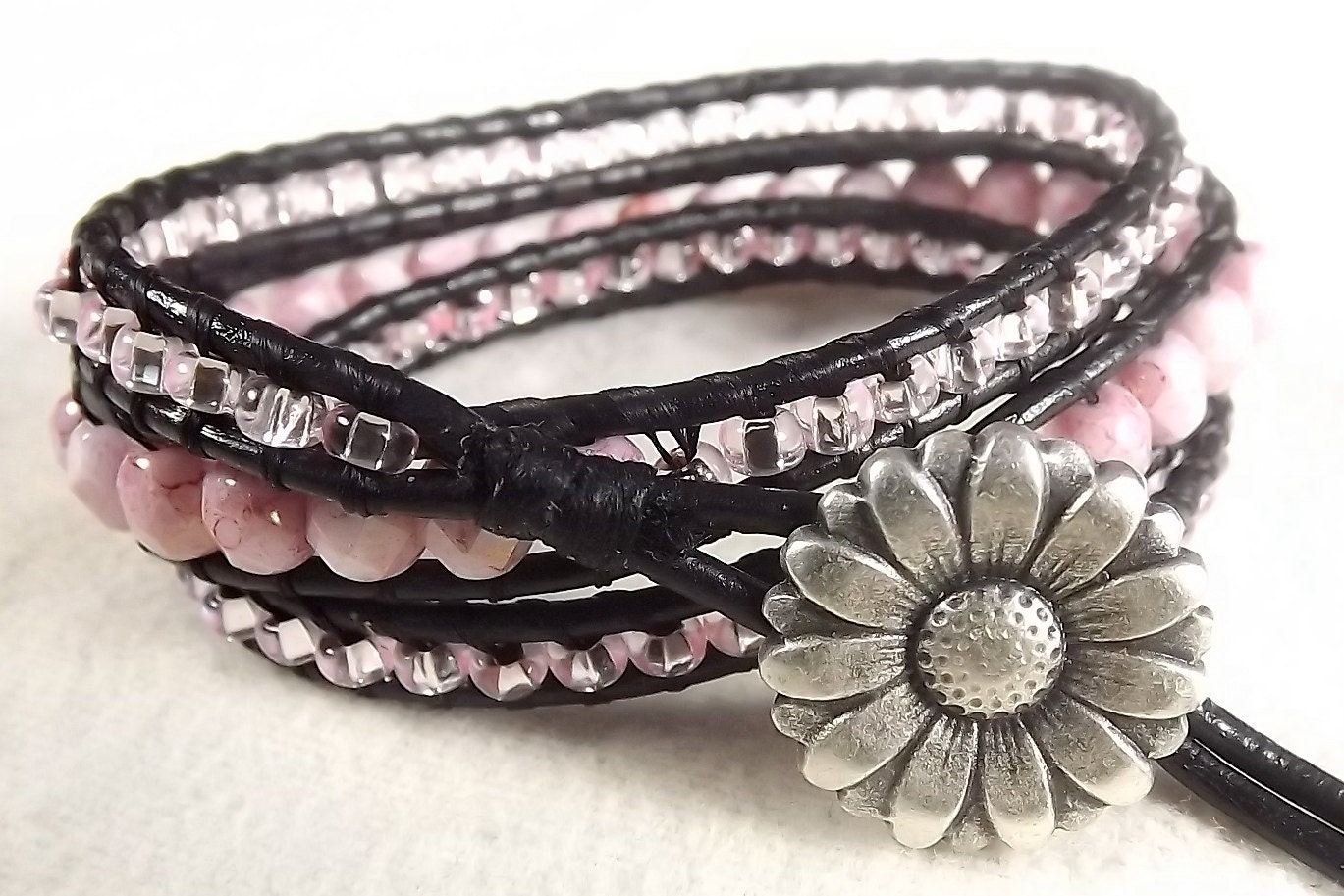 Pink and Black Triple Leather Wrap Bracelet - neferknots
