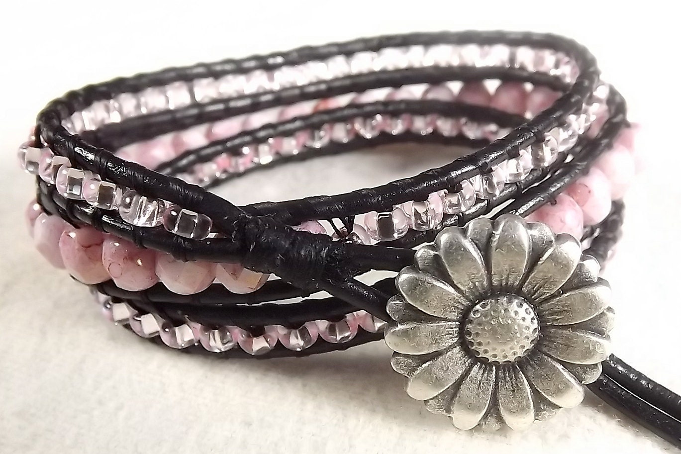 Pink and Black Triple Leather Wrap Bracelet