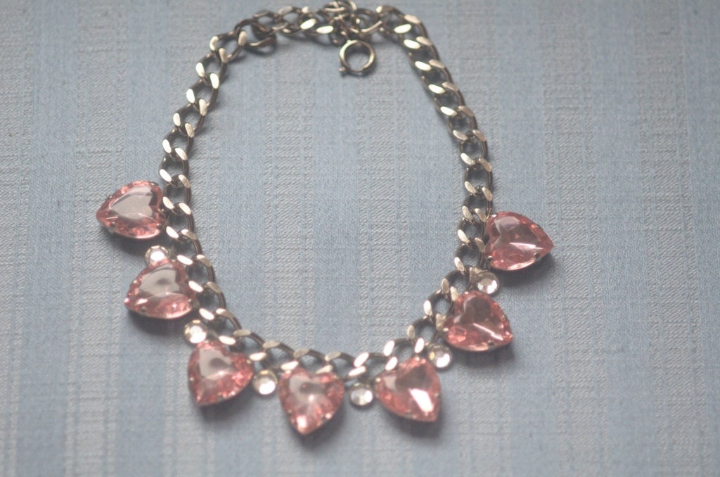 Pale Pink Glass Heart and Chain Sweetheart  Necklace , 70's vintage