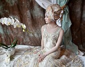 White Poppies , Paillettes  and Pearls Art Nouveau Deco Fantasy , hand beaded Wedding  Gown , bell shaped skirt