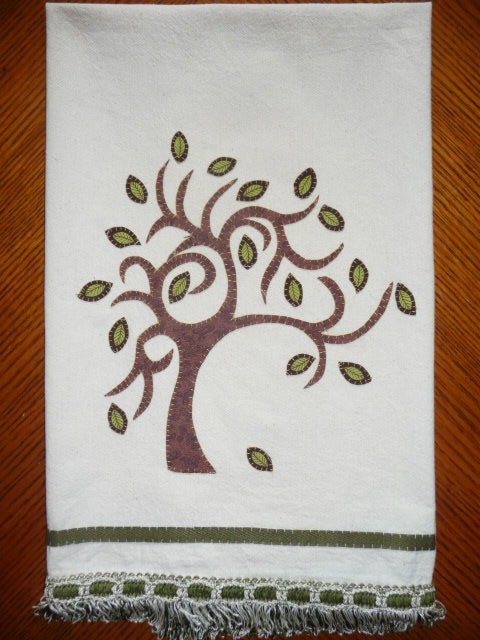 Dish towel with tree and fancy trim. Floursack. Handstitched.