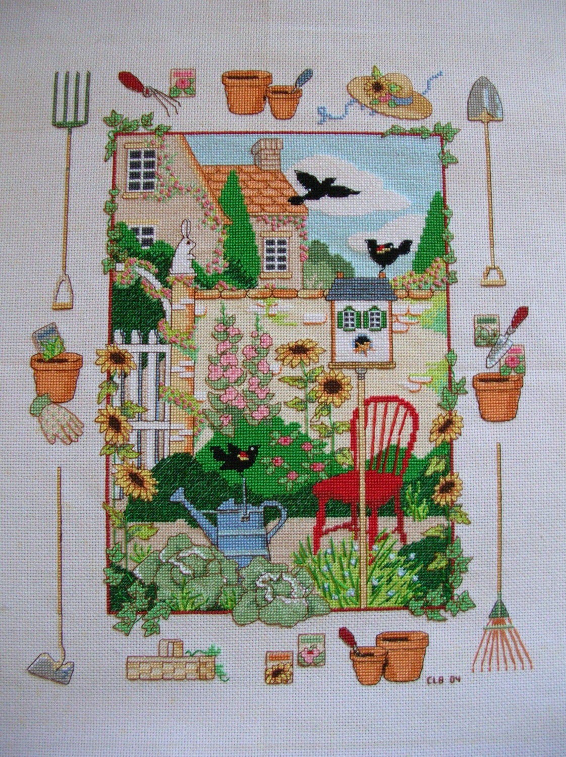 Cross Stitch Sampler  Gardening Theme  Completed and Ready to Frame - LittlestSister