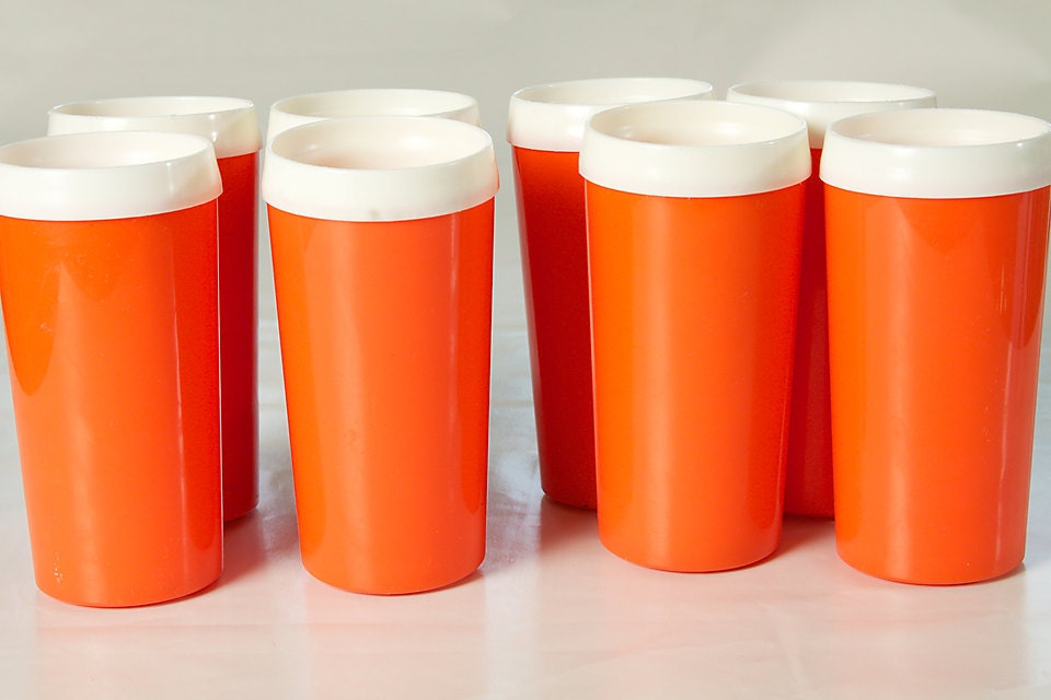 Vintage Retro  Orange Plastic Insulated Tumblers   Set of 8