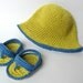 SUMMER CLEARANCE 30% OFF, Little Beach Boy Crochet Baby Hat and Sandals, Yellow and Blue Organic Cotton, Newborn, Cute Photo Prop