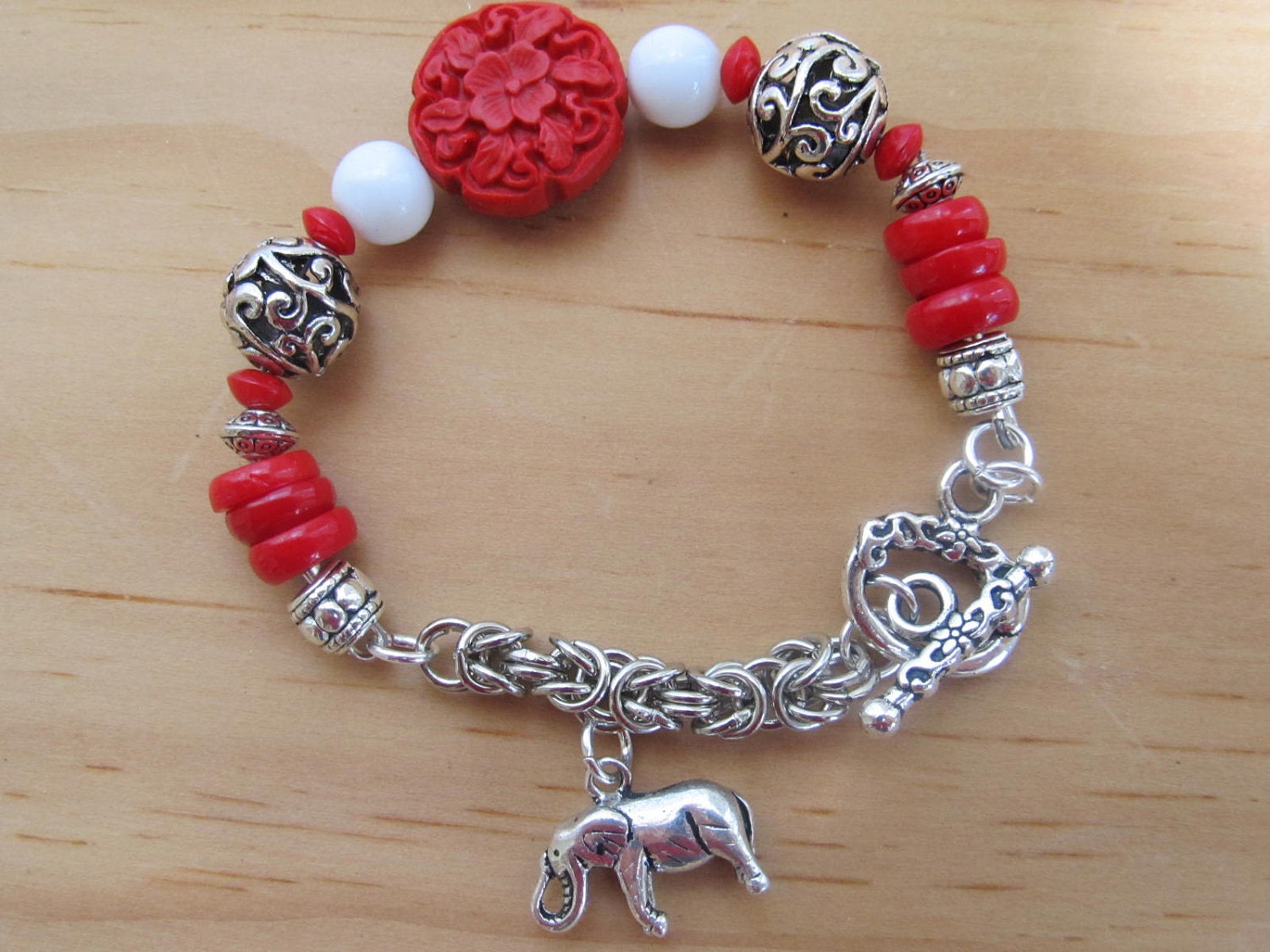 Elephant Charm Red Bamboo Coral and Cinnabar Chain Maille Charm Bracelet