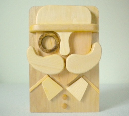 Handmade Wooden Bank with Dapper Man Wearing Mustache, Monocle and Bowler Hat - Great Gift for Fathers / Mothers Day / Christmas / Birthday