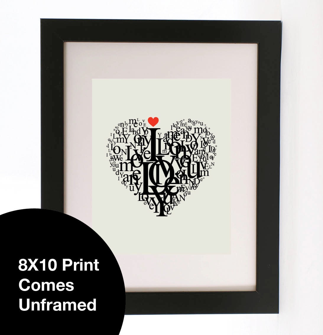 Vintage Retro Black and Red Love Heart Typography Wall art Print 8X10" Gorgeous Gift