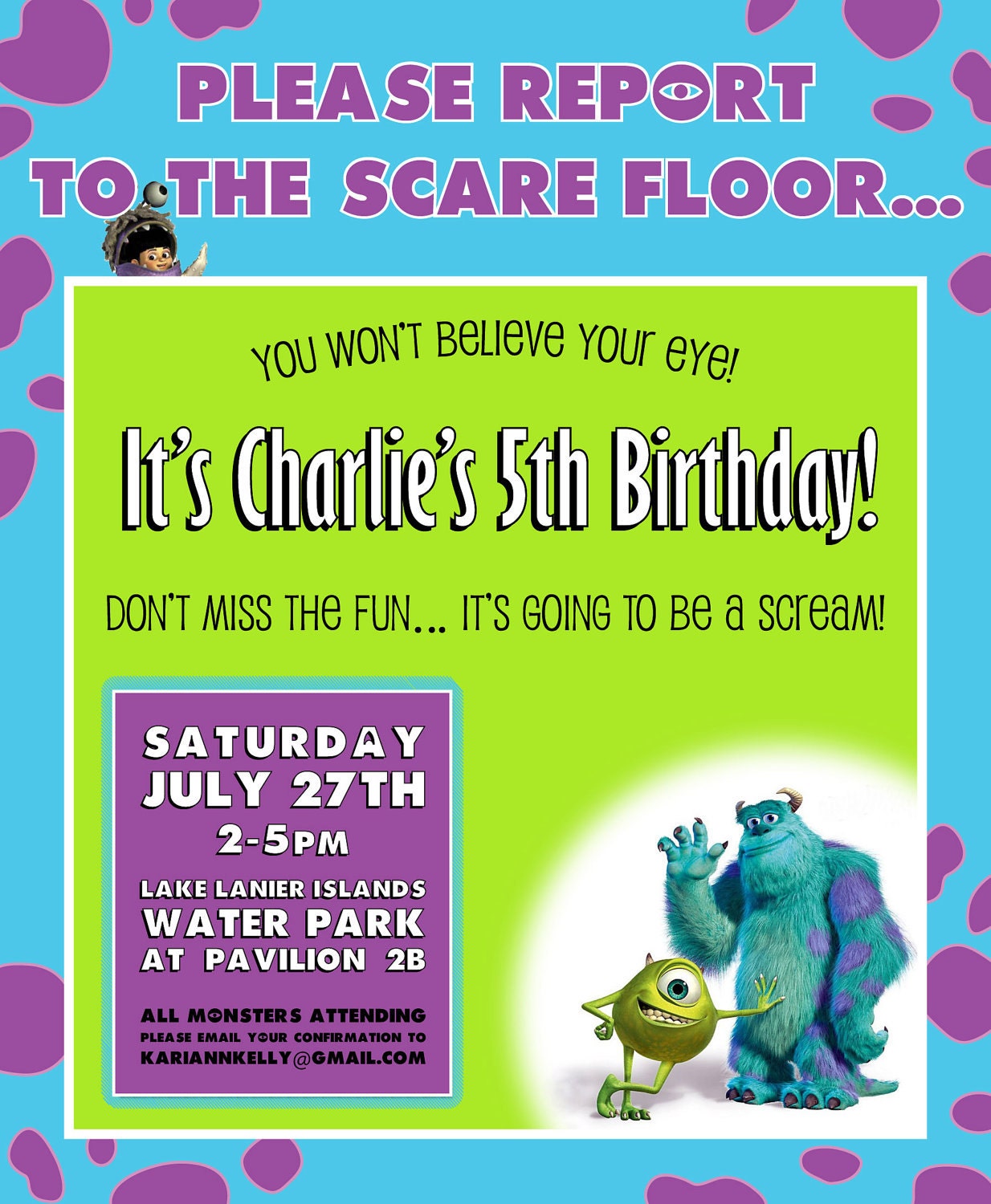 Monsters Inc. Birthday Invitation Design -  Customized to your child's name, age, party info - NOT affliated with Pixar