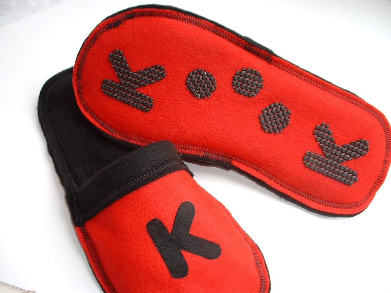 Monogrammed Slippers Boys Kids House Shoes Childrens clothing Scuffs Felt Fleece Initial Personalized red