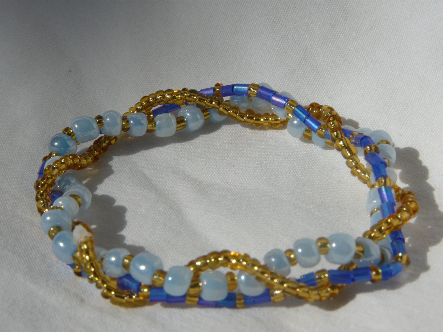 Soft Blue and Gold 3 Strand Beaded Stretch Bracelet - Custom Made to Size
