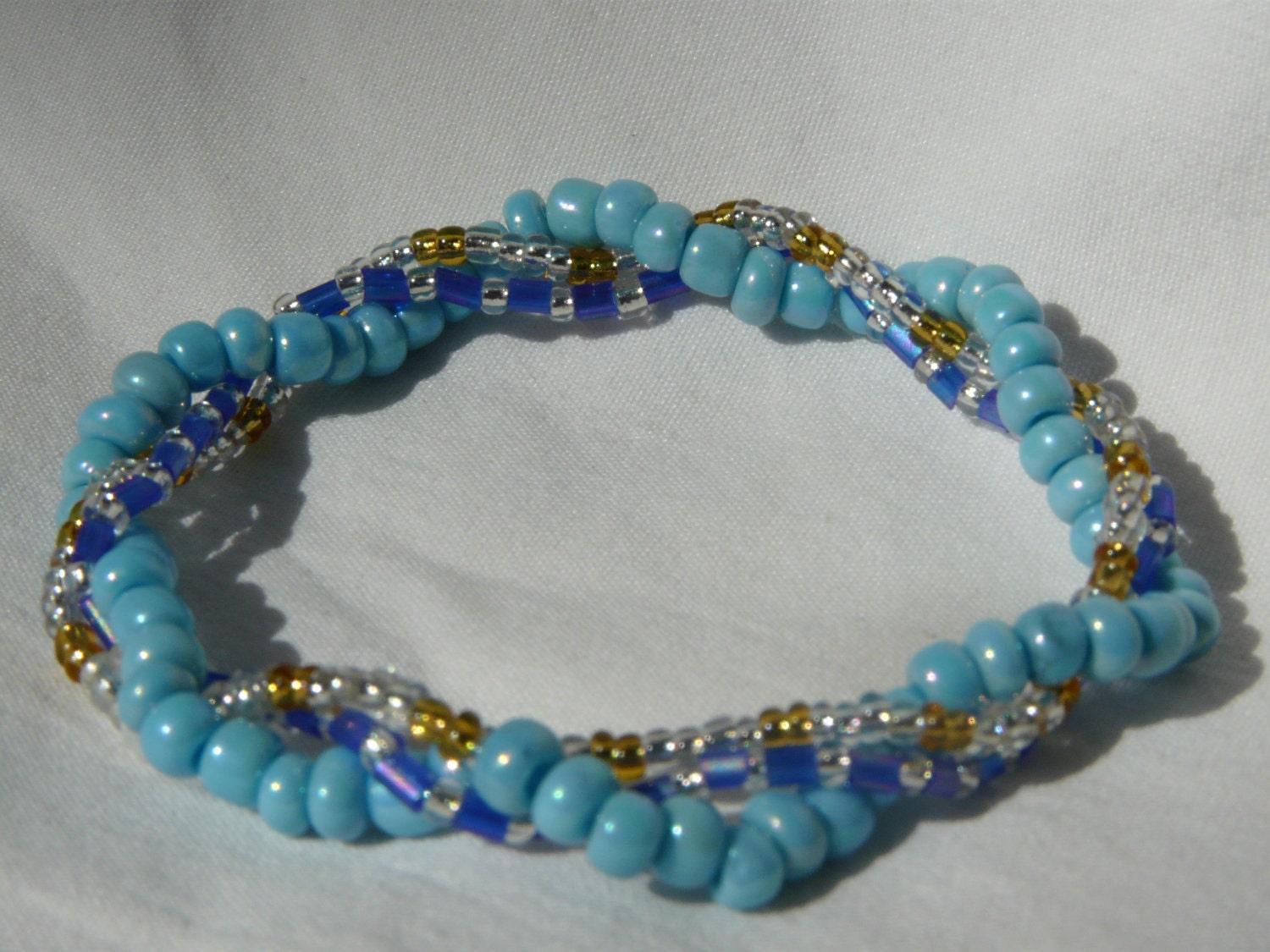 Turquoise and Gold 3 Strand Beaded Stretch Bracelet - Custom Made to Size