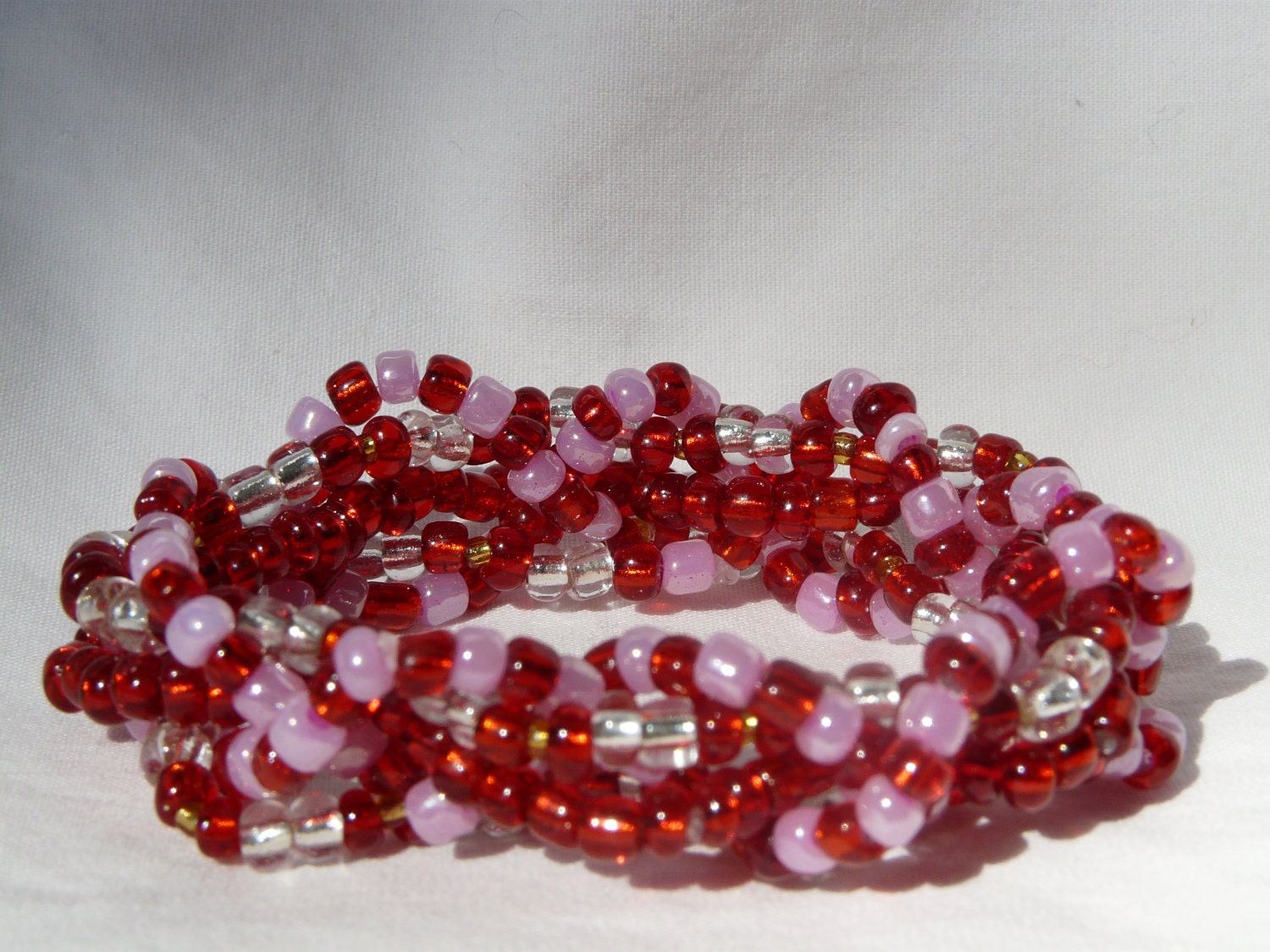 Pink and Red 5 Strand Beaded Stretch Bracelet - Will Custom Make to Size