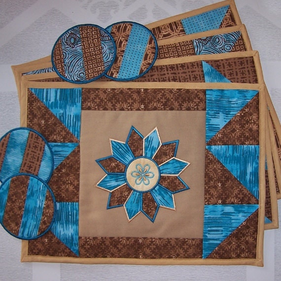 Appliqued Starburst Embroidered Placemats and Matching Coasters