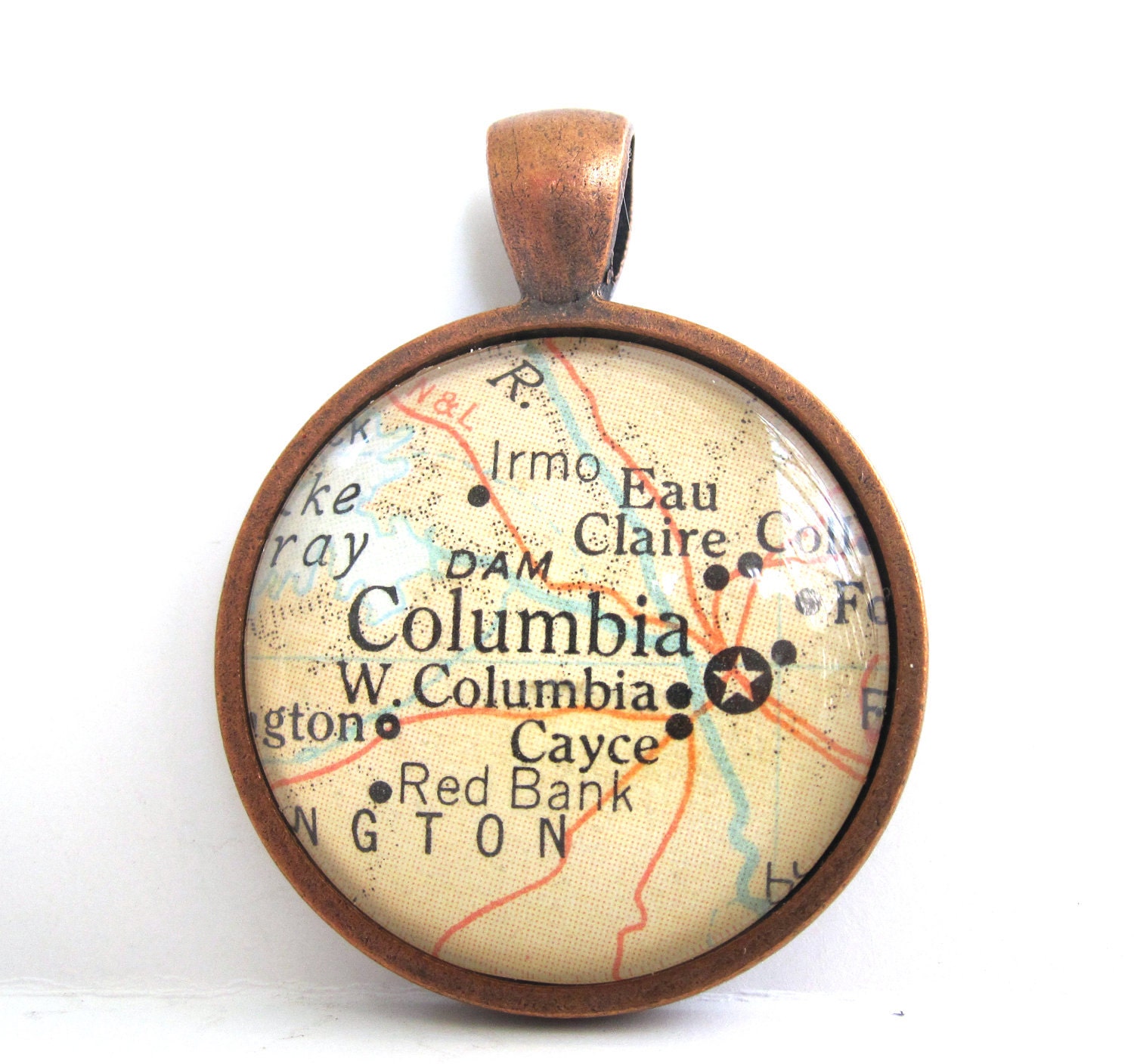 Vintage Map Pendant of Columbia, South Carolina, in Glass Tile Circle