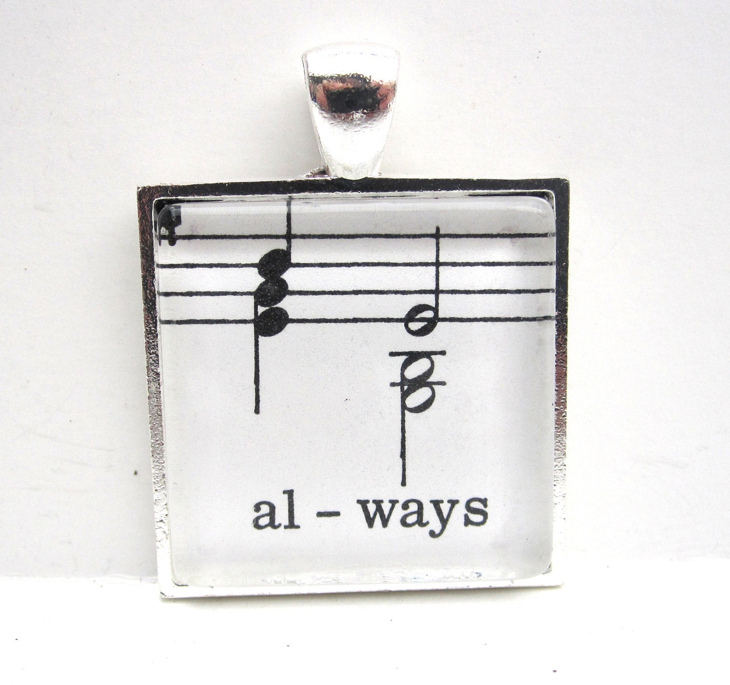 Music Note Pendant, Always, from Vintage Music Sheet, in Glass Tile Square