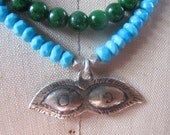 Turquoise, Jade and Czech Glass Necklace with Evil Eye Mexican Silver Milagros Charm and Evil Eye Glass Beads
