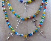 Triple Strand Necklace of "Christmas" African Trading Beads and 6 Sterling Silver Hand Hammered Crosses