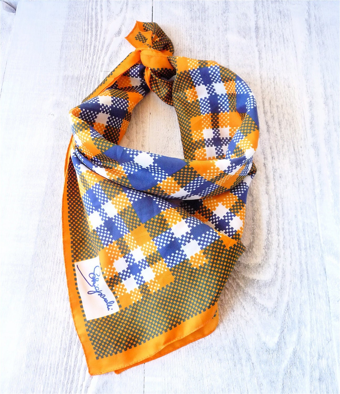 Vintage Schiaparelli Orange and Blue Plaid Pattern Scarf