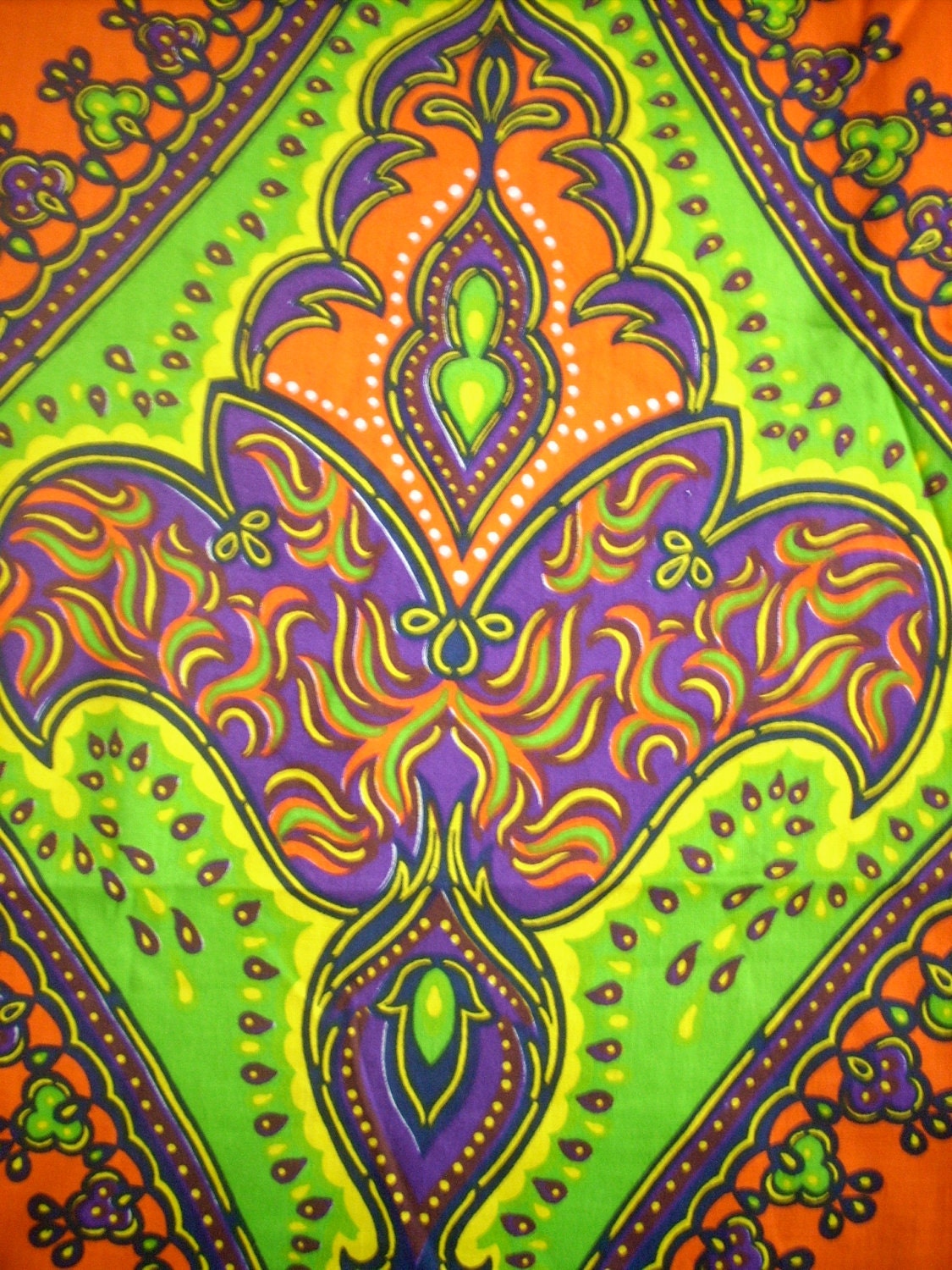 Vintage Hippie Tapestry Fabric, BRIGHT Orange, Lime, and Purple