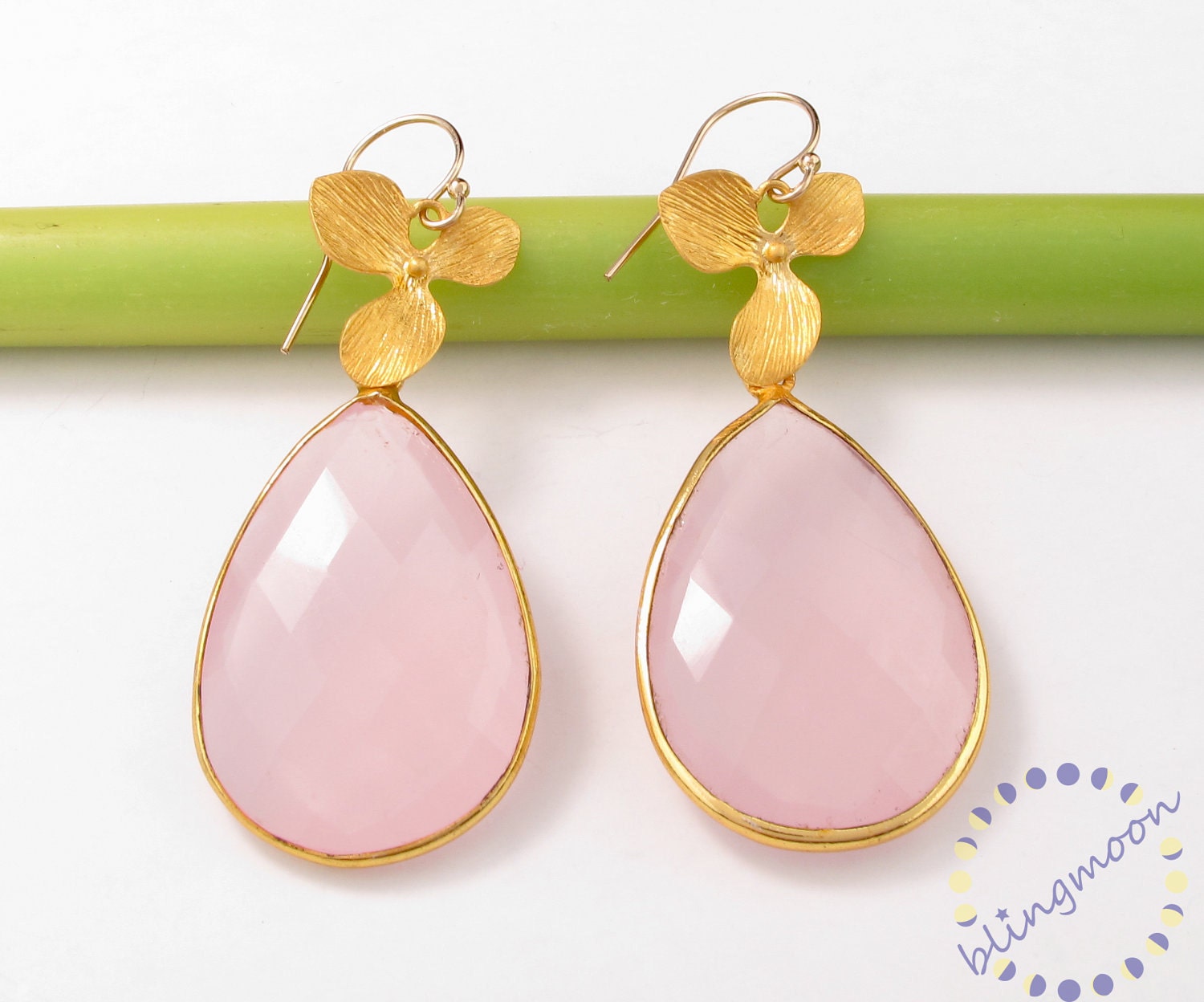 Pink Rose Quartz Earrings: 24k Gold Vermeil earrings bezel set gemstones SALE