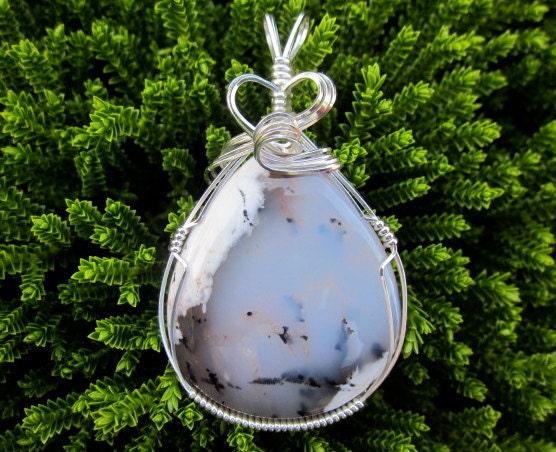 Large Dendritic Agate "Opal" Stone Sterling Silver Wire Wrapped Pendant